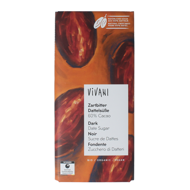 Vivani Chocolade puur 60% dadel gezoet bio 80 Gram