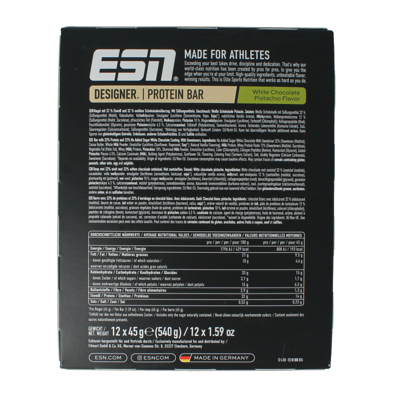 ESN White chocolate pistache bar 45g 12 Stuks