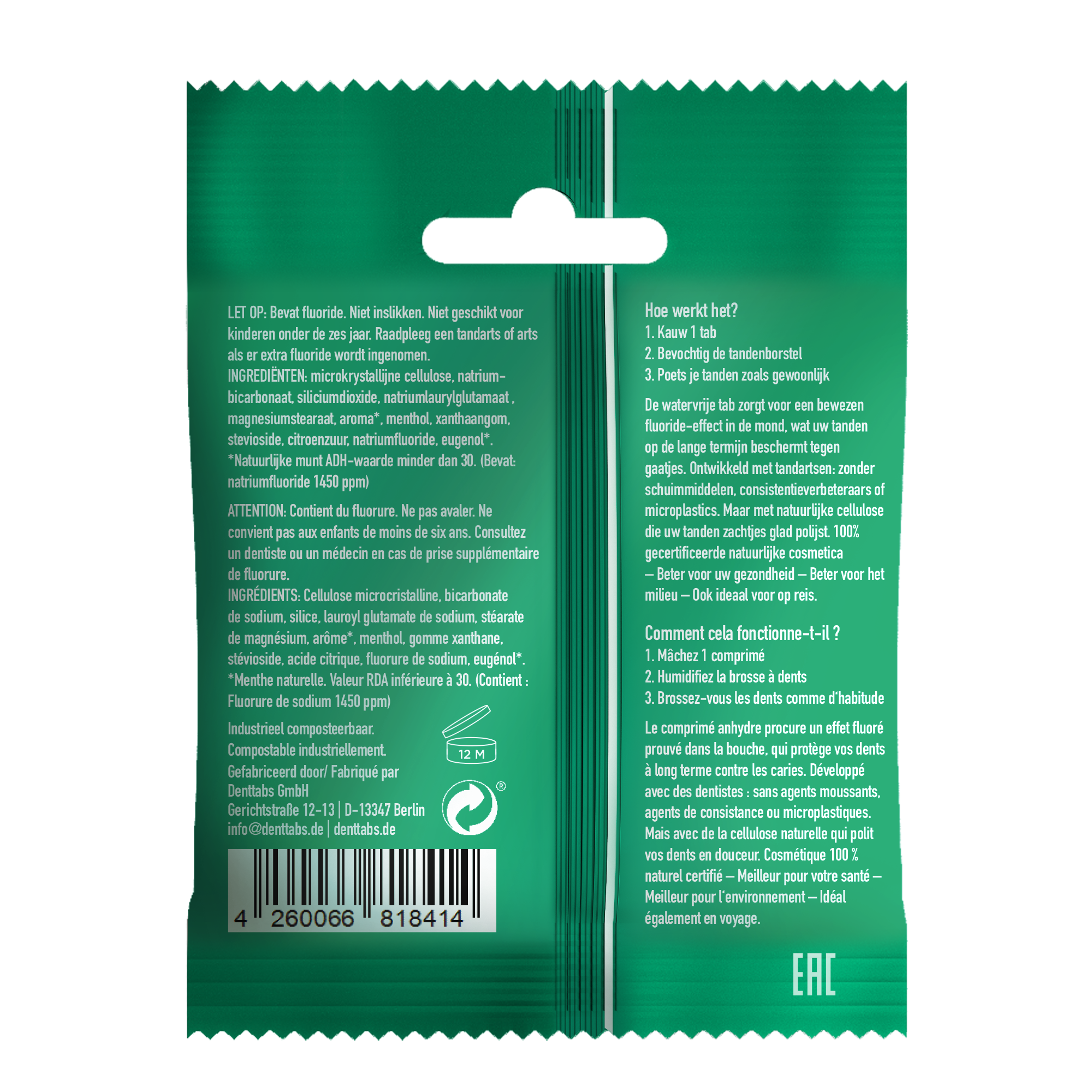 Denttabs Tandpasta tabletten munt met fluor vegan 125.00 Stuks