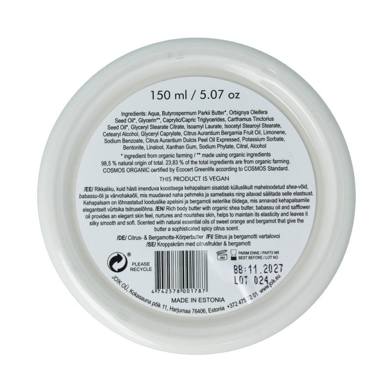 Joik Organics Citrus & bergamot body butter organic vegan 150 Milliliter