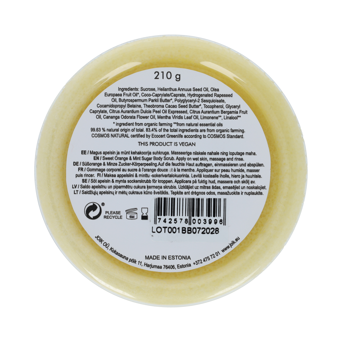 Joik Organics Sweet orange & mint sugar scrub vegan 210.00 Gram