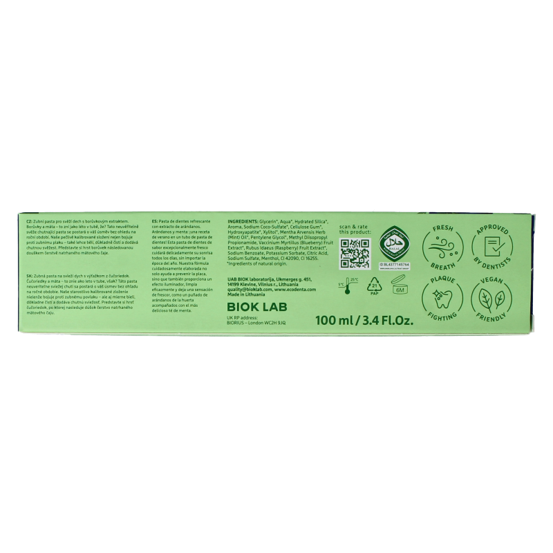 Ecodenta Tandpasta fresh breath bosbessenextr green line 100 Milliliter