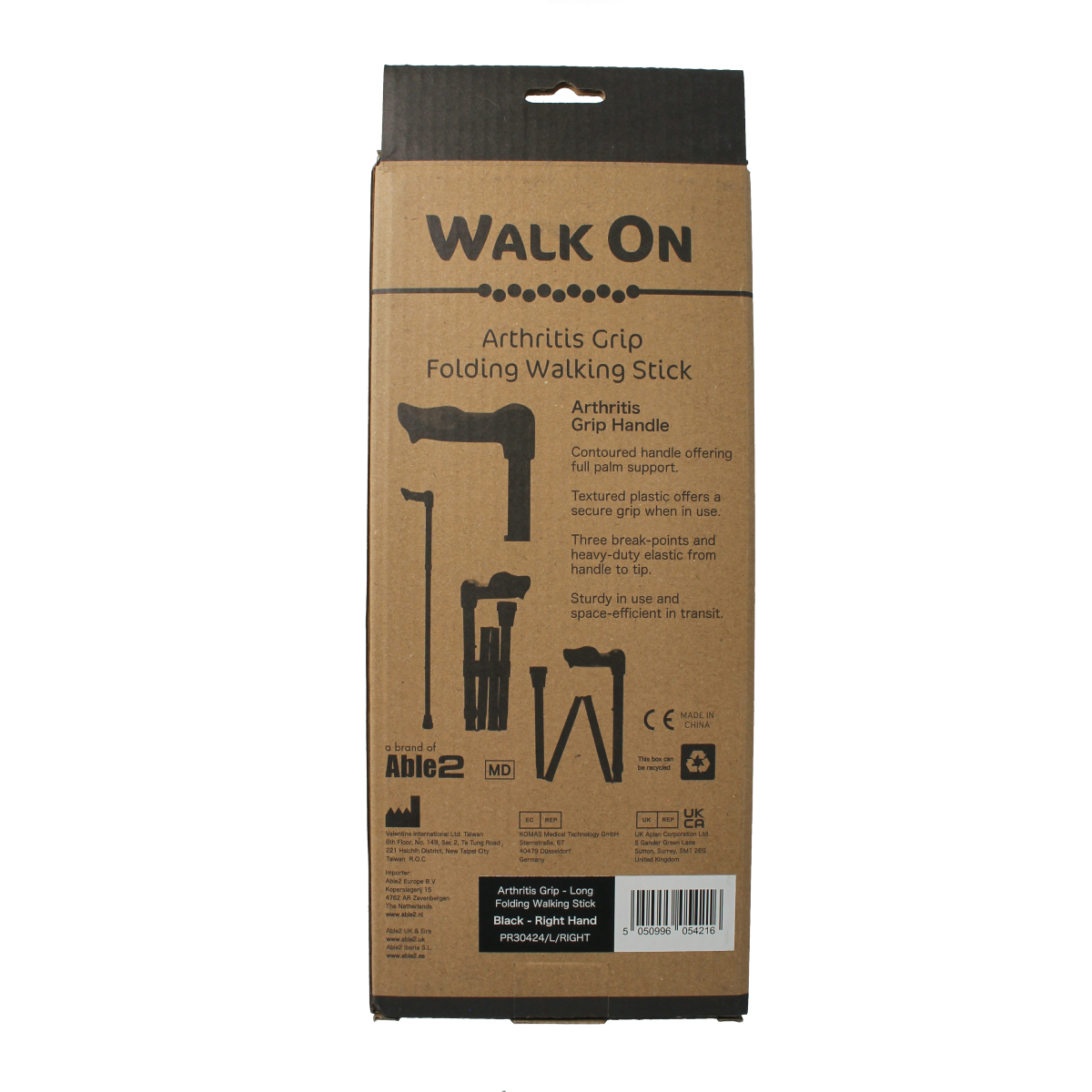 Able 2 Wandelstok anatomisch opvouw zwart mat rechts 1.00 Stuks