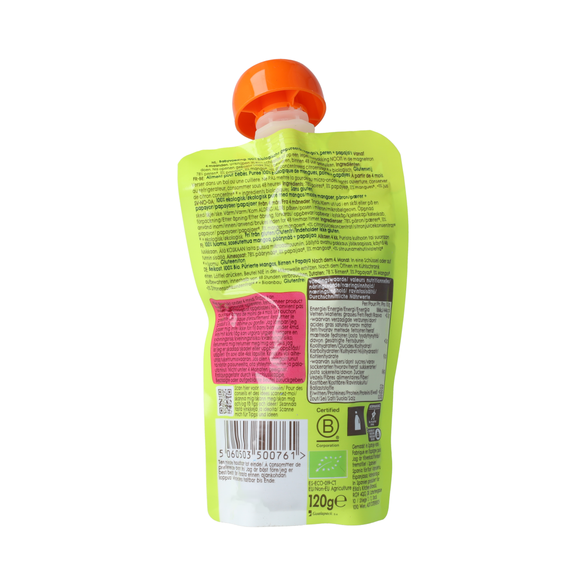 Ella's Kitchen Mangoes pears & papayas knijpzakje 4+ maanden bio 120.00 Gram