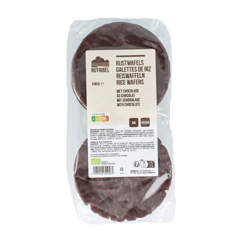 Nutribel Rijstwafels met pure chocolade bio 100 Gram