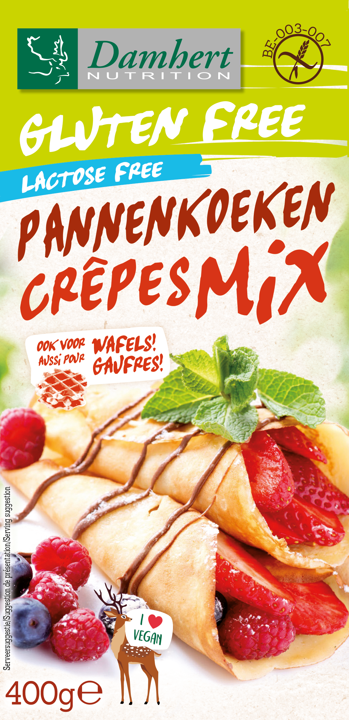 Damhert Pannenkoeken en wafelmix gluten- & lactosevrij 400.00 Gram
