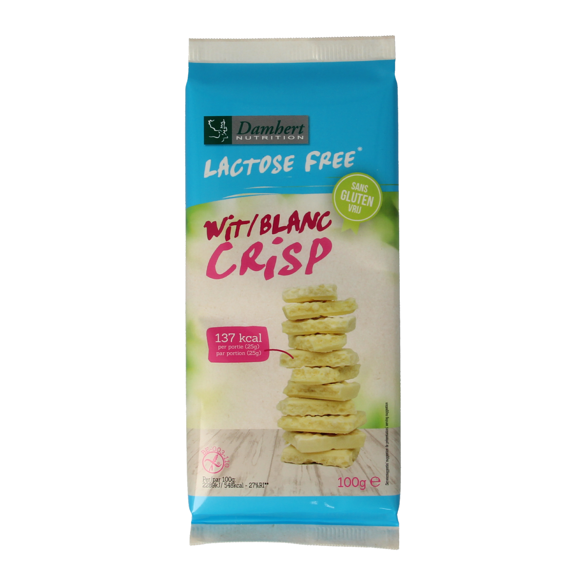 Damhert Witte chocoladetablet crisp gluten- en lactosevrij 100.00 Gram