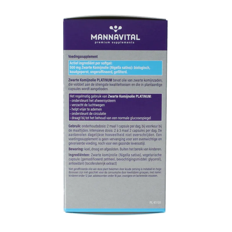 Mannavital Zwarte komijnolie platinum 120 Softgels