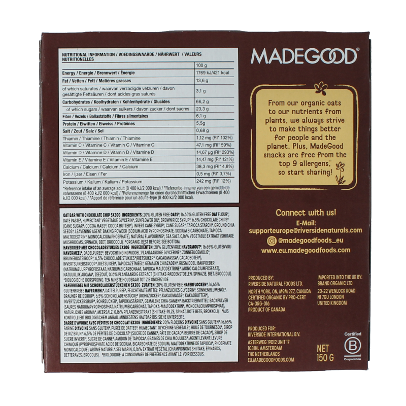 MadeGood  Mornings bar choco chip bio 5 Stuks