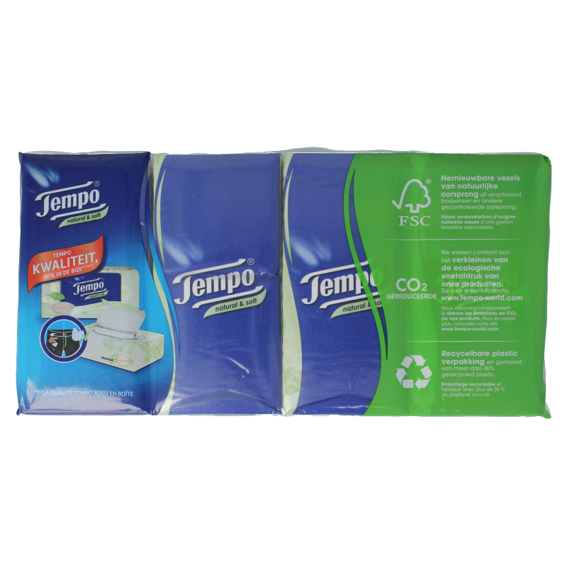 Tempo Natural & soft zakdoekjes 8 x 9 stuks 8 Stuks