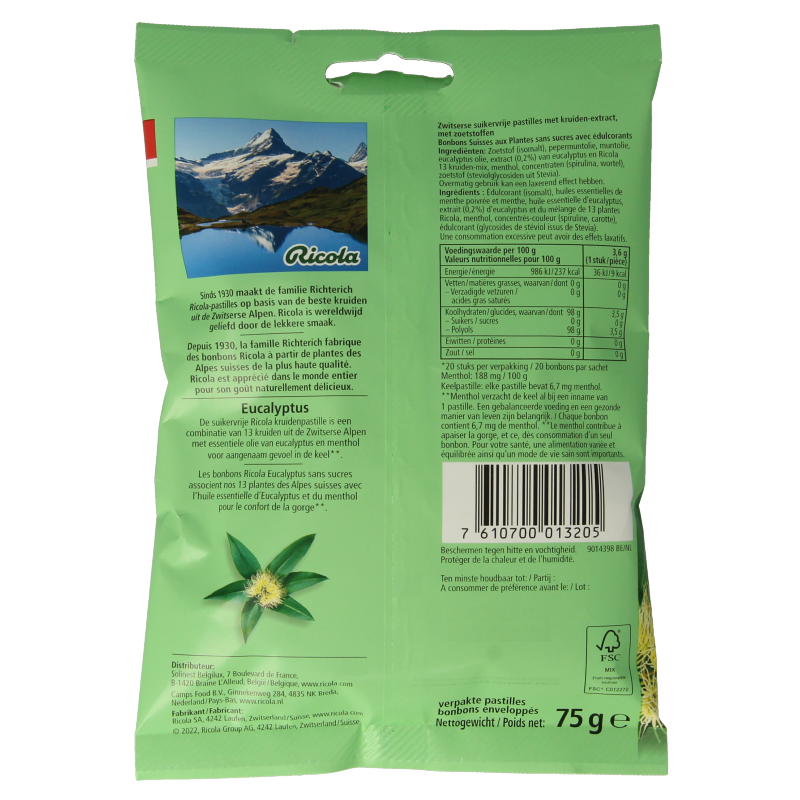 Ricola Eucalyptus suikervrij 75 Gram
