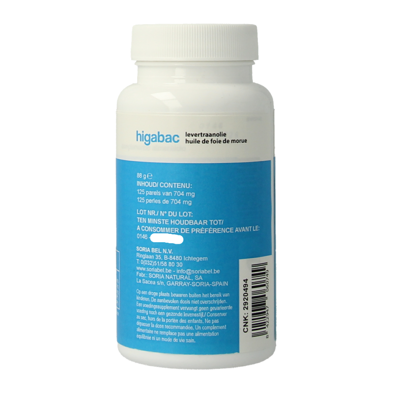 Soria Natural Higabac levertraanolie 125 Softgels