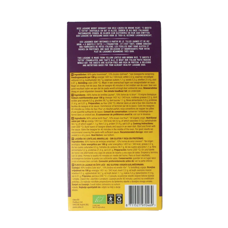Your Organic Nature Lasagne van gele linzen bio 250 Gram