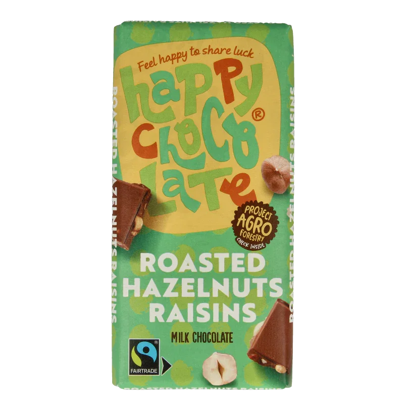 Happy Chocolate Melk geroosterde hazelnoot rozijn bio 100 Gram
