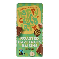 Happy Chocolate Melk geroosterde hazelnoot rozijn bio 100 Gram