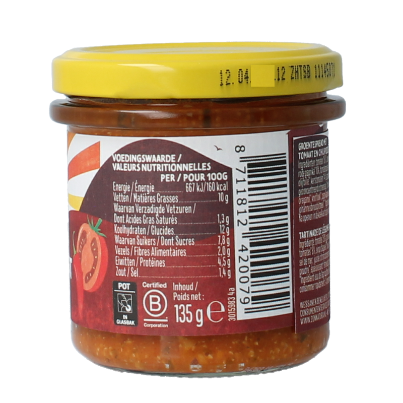 Zonnatura Groentespread spicy tomato bio 135 Gram
