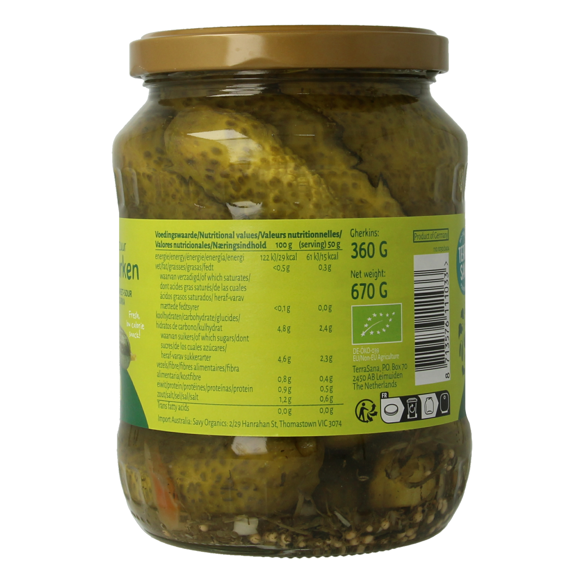 TerraSana Augurken fris zoet/zuur bio 670.00 Gram