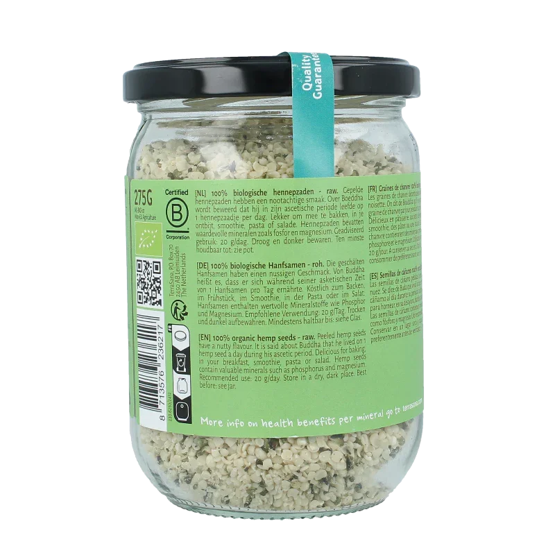 TerraSana RAW Hennepzaad gepeld in glas bio 275 Gram