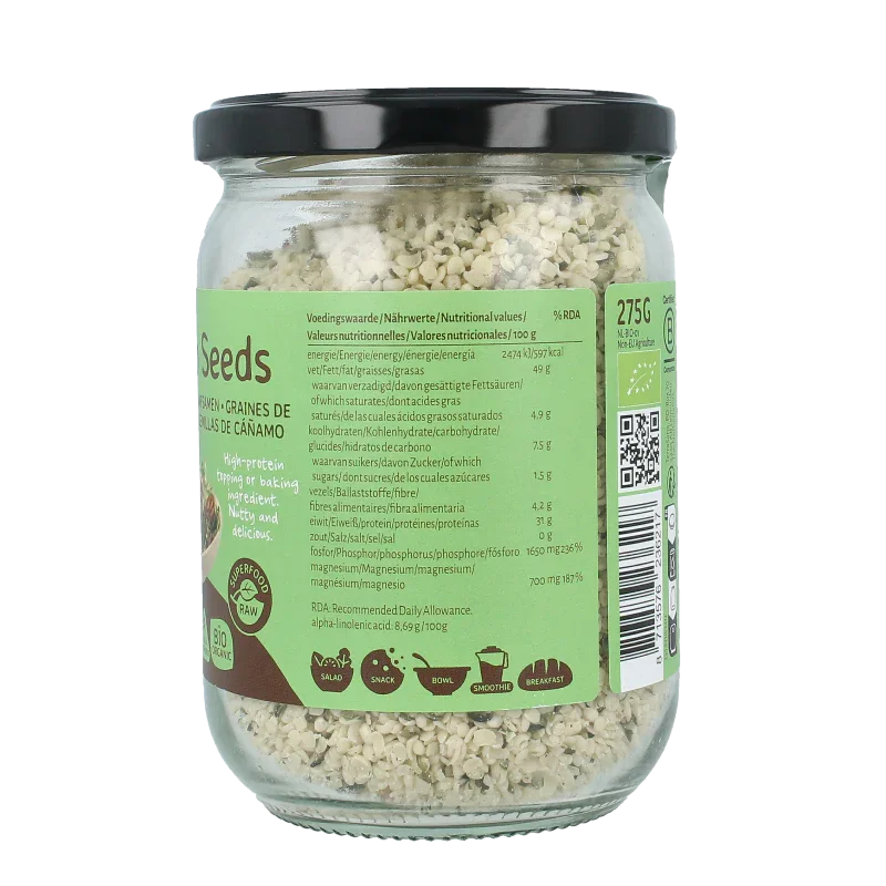 TerraSana RAW Hennepzaad gepeld in glas bio 275 Gram