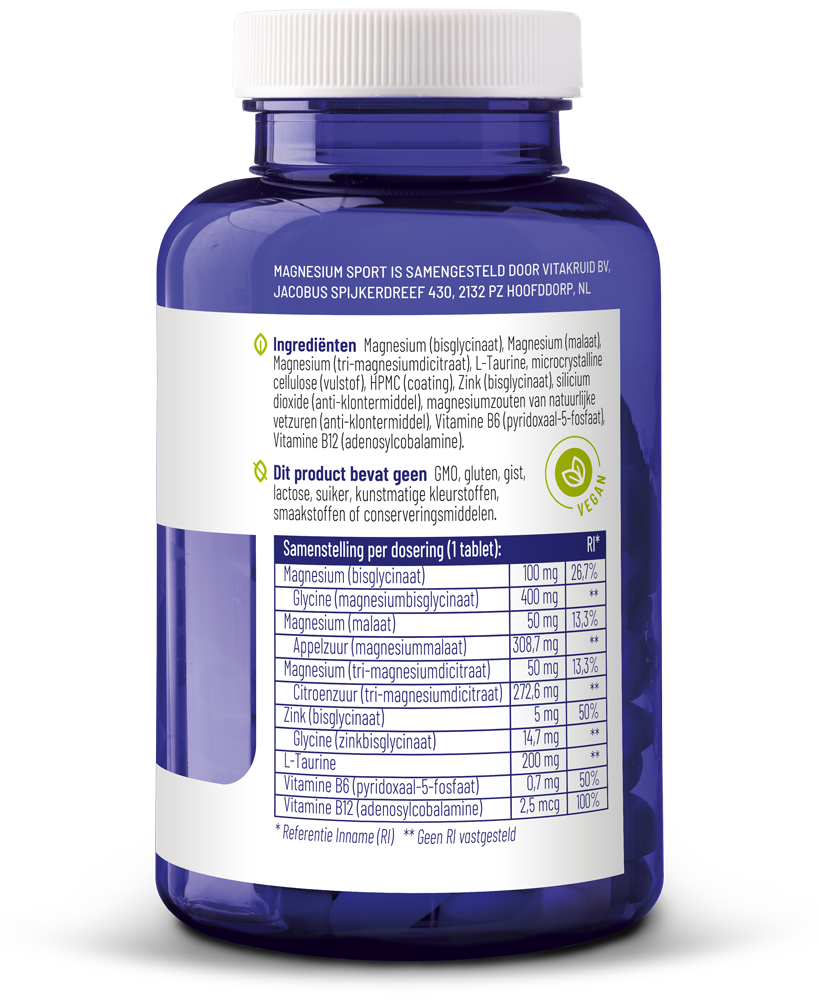 Vitakruid Magnesium sport bisglycinaat malaat&tri-dicitraat 90 Tabletten