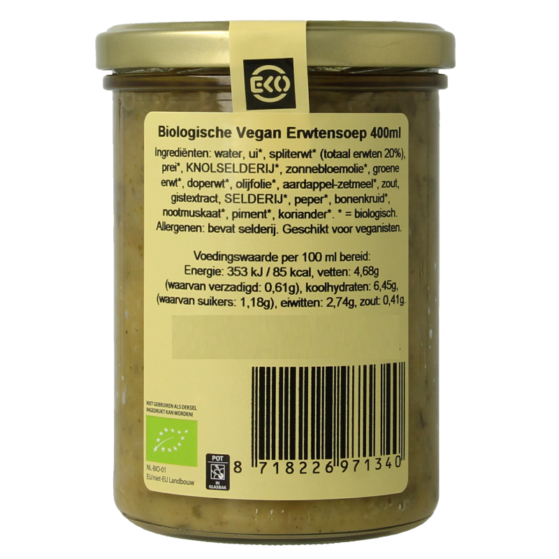 Kleinstesoepfabriek Erwtensoep/snert veganistisch bio 400 Milliliter