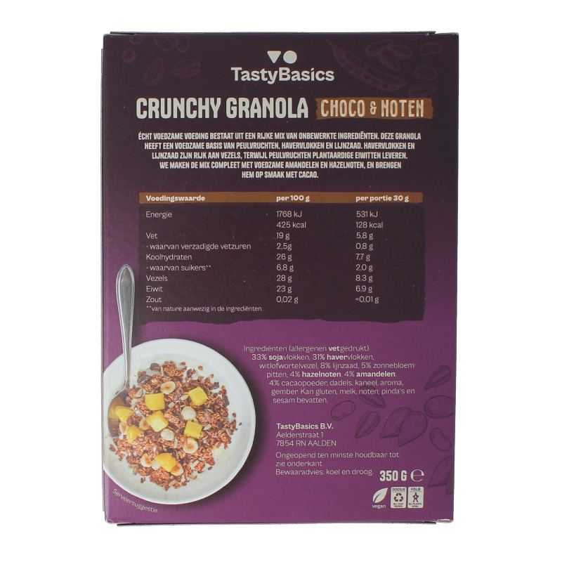 TastyBasics Less carb-high protein granola choco en noten 350 Gram