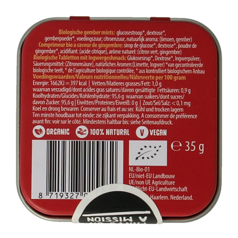Max mints Ginger blikje vierkant bio 35 Gram