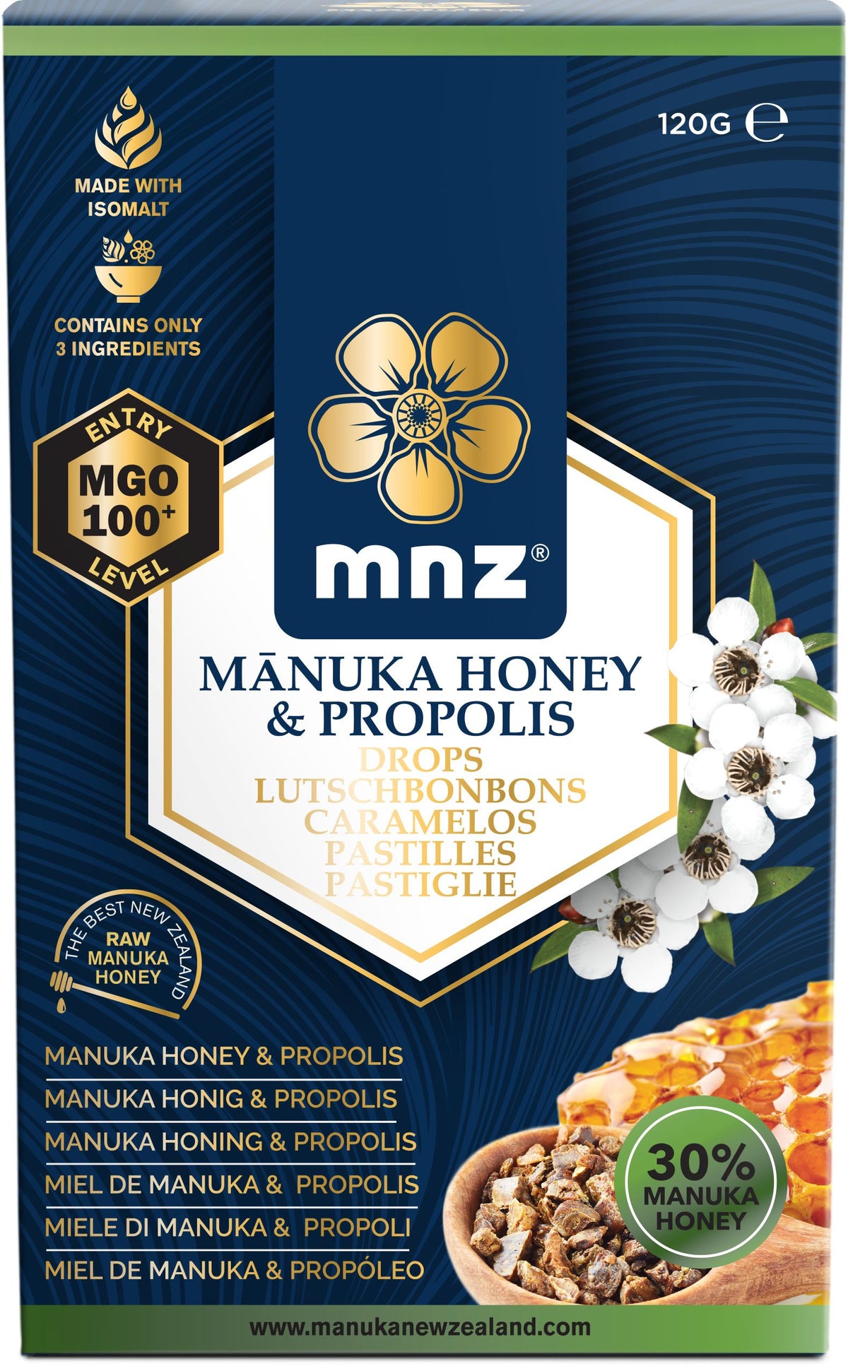 MNZ (Manuka New Zealand) Manuka Honing MGO 100+ pastilles propolis 120.00 Gram