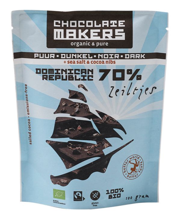 Chocolatemakers Zeiltjes puur 70% met cacaonibs & zeezout bio 100 Gram