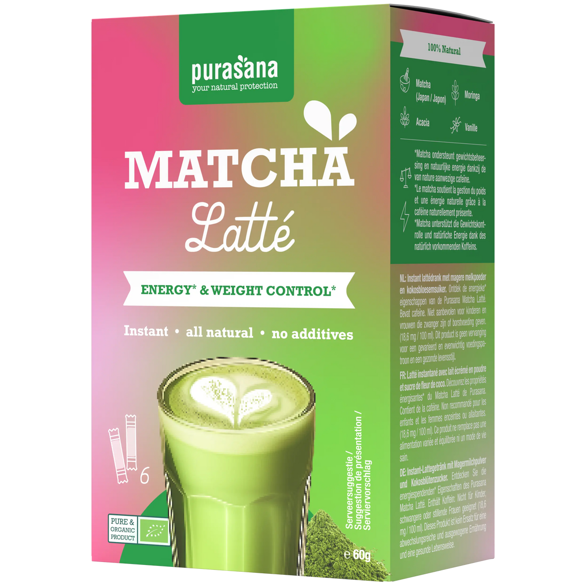 Purasana Instant matcha latte 6x10g organic 60 Gram